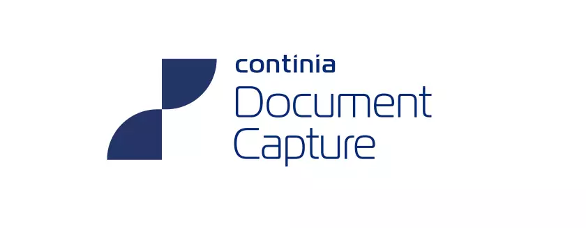 Logo von Continia mit einem stilisierten, dunkelblauen Symbol aus zwei gegenüberliegenden Viertelkreisen links und dem Schriftzug „continia Document Capture“ in dunkelblauer, moderner Schrift rechts daneben. | Logo of Continia featuring a stylized dark blue symbol of two opposing quarter circles on the left and the text “continia Document Capture” in modern dark blue font on the right.
