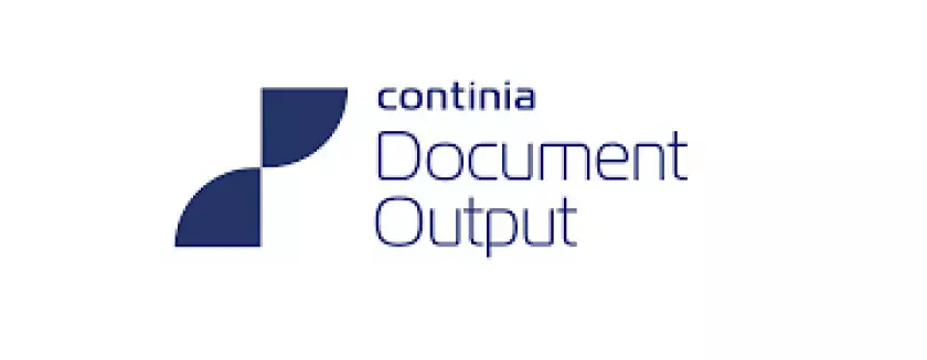 Logo von Continia mit einem stilisierten, dunkelblauen Symbol aus zwei gegenüberliegenden Viertelkreisen links und dem Schriftzug „continia Document Output“ in dunkelblauer, moderner Schrift rechts daneben. | Logo of Continia Document Output featuring a stylized dark blue symbol of two opposing quarter circles on the left and the text “continia Document Output” in modern dark blue font on the right.
