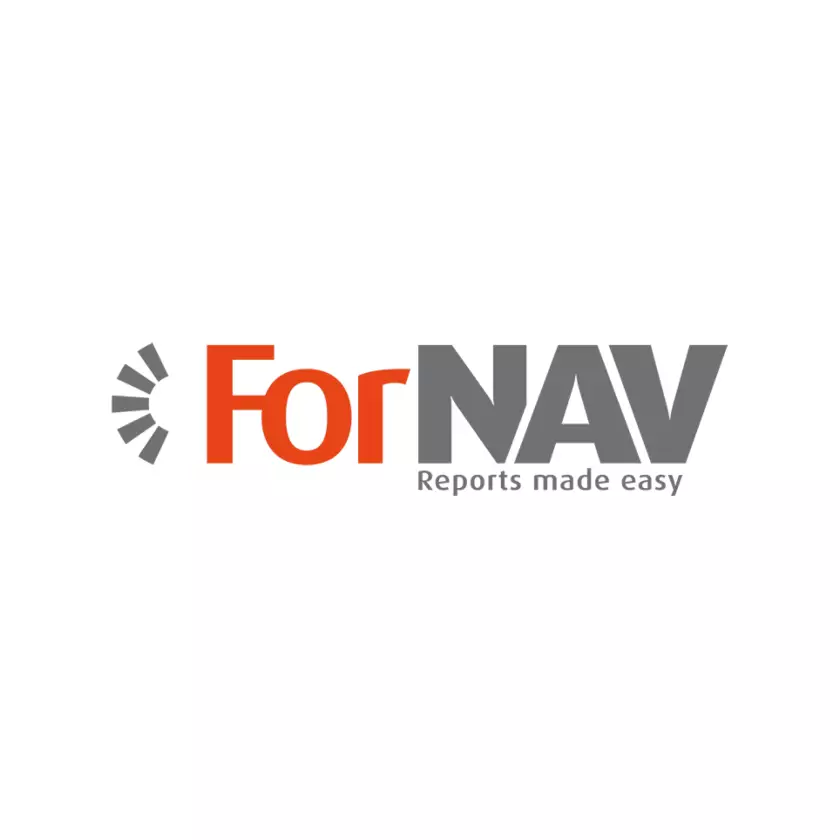 Logo von ForNAV mit stilisiertem grauen Halbkreis aus Segmenten links, dem Schriftzug „For“ in Rot und „NAV“ in Grau rechts daneben. Unter „NAV“ steht der Claim „Reports made easy“ in grauer Schrift. | Logo of ForNAV featuring a stylized gray semicircle made of segments on the left, the word “For” in red, and “NAV” in gray to the right. Below “NAV” is the slogan “Reports made easy” in gray font.