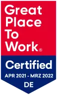Siegel: Great Place to Work Certified, Deutschland, gültig von April 2021 bis März 2022. | Badge: Great Place to Work Certified, Germany, valid from April 2021 to March 2022.