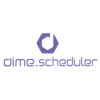 dime.scheduler-Logo mit lilafarbenem, stilisiertem Hexagon und Schriftzug „dime.scheduler“. | dime.scheduler logo with purple, stylized hexagon and the lettering