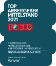 Siegel: TOP Arbeitgeber Mittelstand 2021 von FOCUS-Business in Kooperation mit kununu. | Badge: TOP Arbeitgeber Mittelstand 2021 (Top medium-sized employer 2021) by FOCUS-Business in cooperation with kununu.
