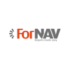 Logo von ForNAV mit stilisiertem grauen Halbkreis aus Segmenten links, dem Schriftzug „For“ in Rot und „NAV“ in Grau rechts daneben. Unter „NAV“ steht der Claim „Reports made easy“ in grauer Schrift. | Logo of ForNAV featuring a stylized gray semicircle made of segments on the left, the word “For” in red, and “NAV” in gray to the right. Below “NAV” is the slogan “Reports made easy” in gray font.
