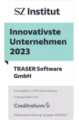 Auszeichnung des SZ Instituts: Innovativste Unternehmen 2023 – TRASER Software GmbH, im Vergleich von 2.575 Unternehmen, in Kooperation mit Creditreform, veröffentlicht in der Süddeutschen Zeitung, Ausgabe 259/2023. | Award by SZ Institut: Most Innovative Companies 2023 – TRASER Software GmbH, compared among 2,575 companies, in cooperation with Creditreform, published in Süddeutsche Zeitung, issue 259/2023.