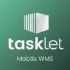 Tasklet Mobile WMS-Logo mit stilisierter Lagerbox und dem Schriftzug „tasklet Mobile WMS“ auf grünem Hintergrund. | Tasklet Mobile WMS logo with stylized warehouse box and the text “tasklet Mobile WMS” on a green background.
